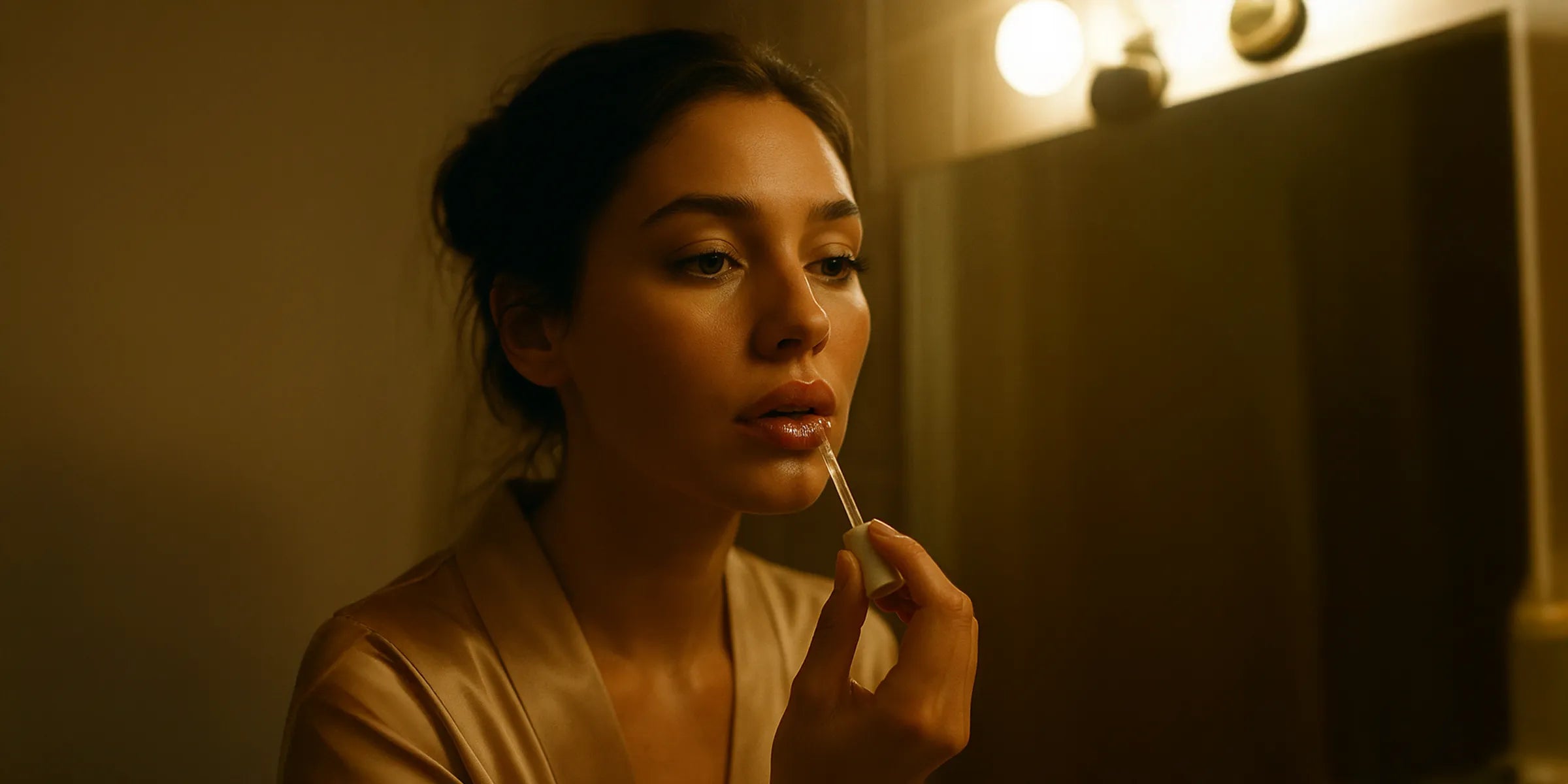 Femme appliquant un gloss repulpant transparent devant un miroir, lumière chaude, ambiance intime, premier plan sur les lèvres brillantes.