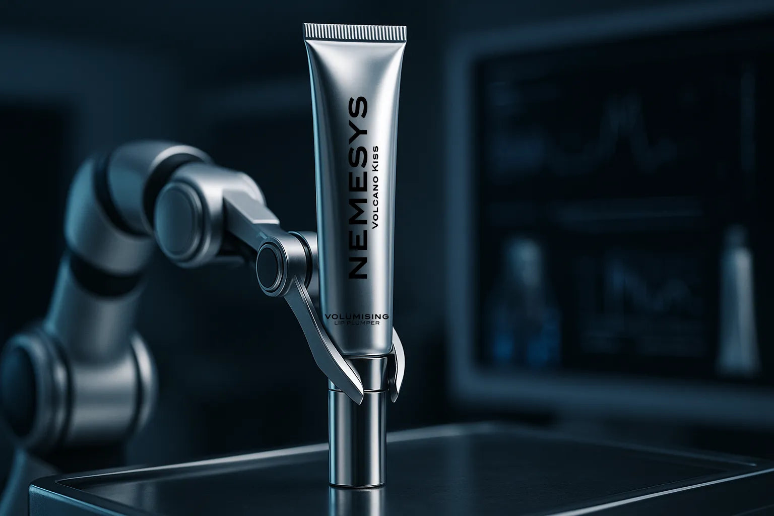Bras robotique tenant un gloss Volcano Kiss™, lumière rouge pulsée, ambiance laboratoire noir et chrome — alliance chirurgicale entre pulsion et précision. Le feu s’industrialise. Le volume devient une procédure.