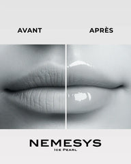 Comparatif lèvres avant et après application du gloss NEMESYS Ice Pearl, ridules lissées et brillance miroir.