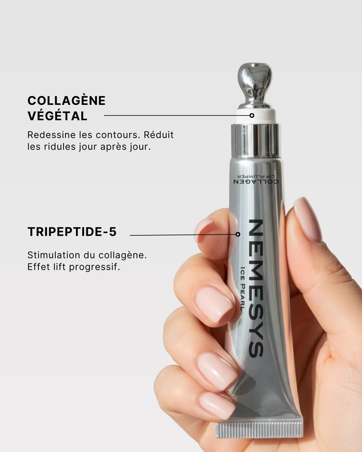Tube NEMESYS Ice Pearl soulignant le collagène végétal et le tripeptide-5 pour un effet lift progressif.