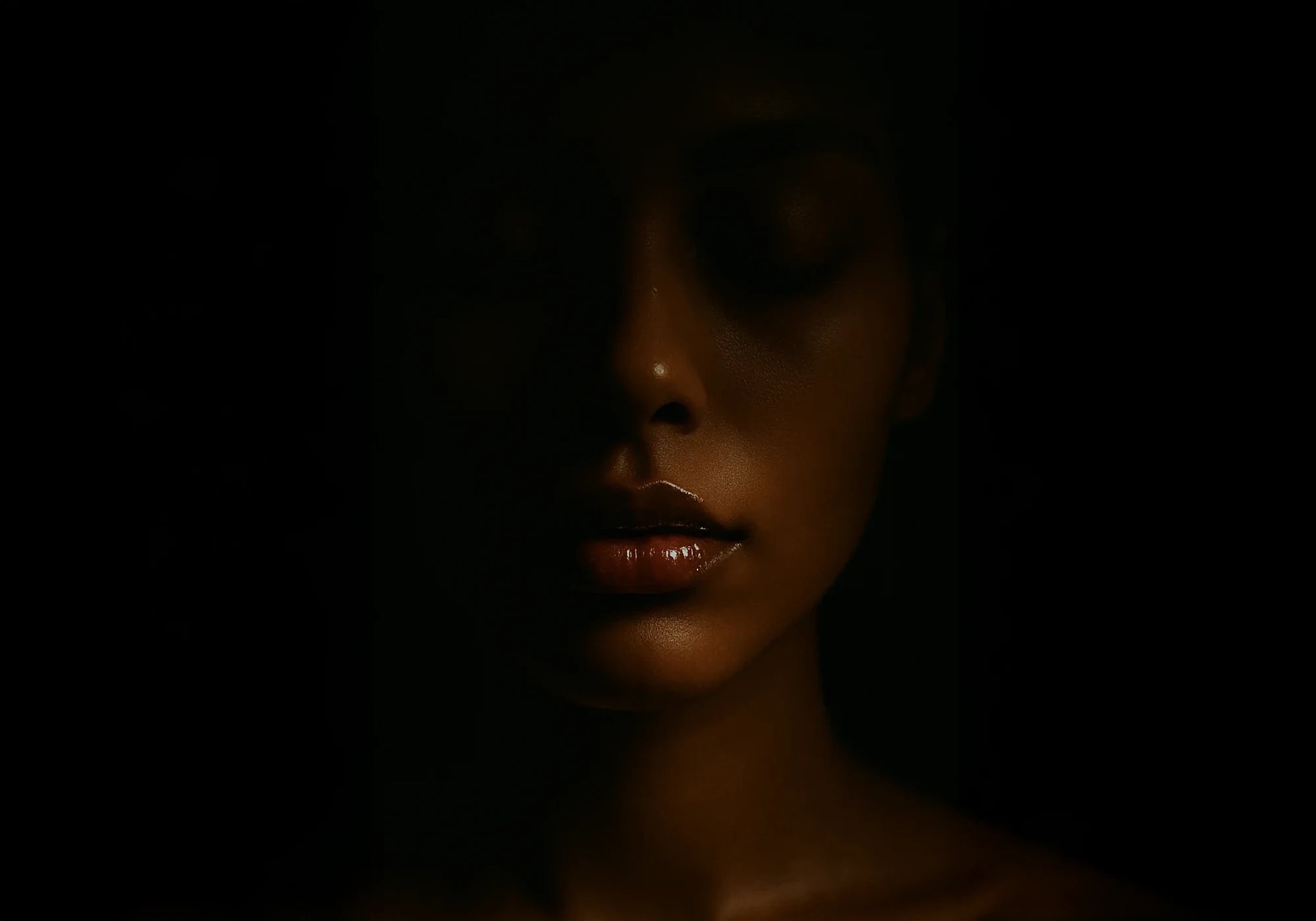 Lèvres pulpeuses glossées NEMESYS™ — gros plan bouche femme peau sombre, brillance miroir, lumière chaude, atmosphère mystérieuse