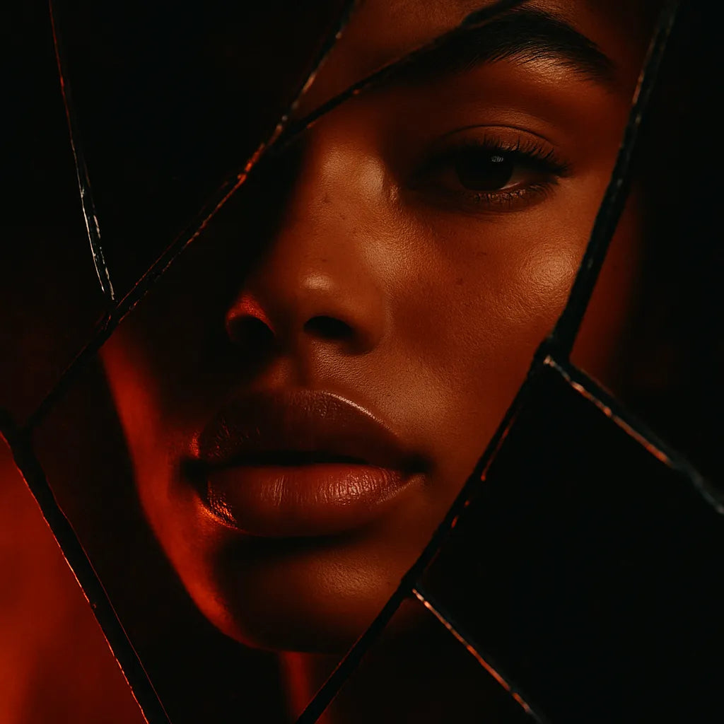 Gros plan sur un visage de femme fragmenté par un miroir brisé, lèvres pulpeuses glacées de gloss Volcano Kiss, lumière rouge incandescente — tension intérieure, beauté fissurée, puissance prête à exploser.