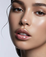 Portrait beauté lèvres brillantes hydratées avec le gloss repulpant Ocean Bloom NEMESYS, volume naturel et galbe progressif.