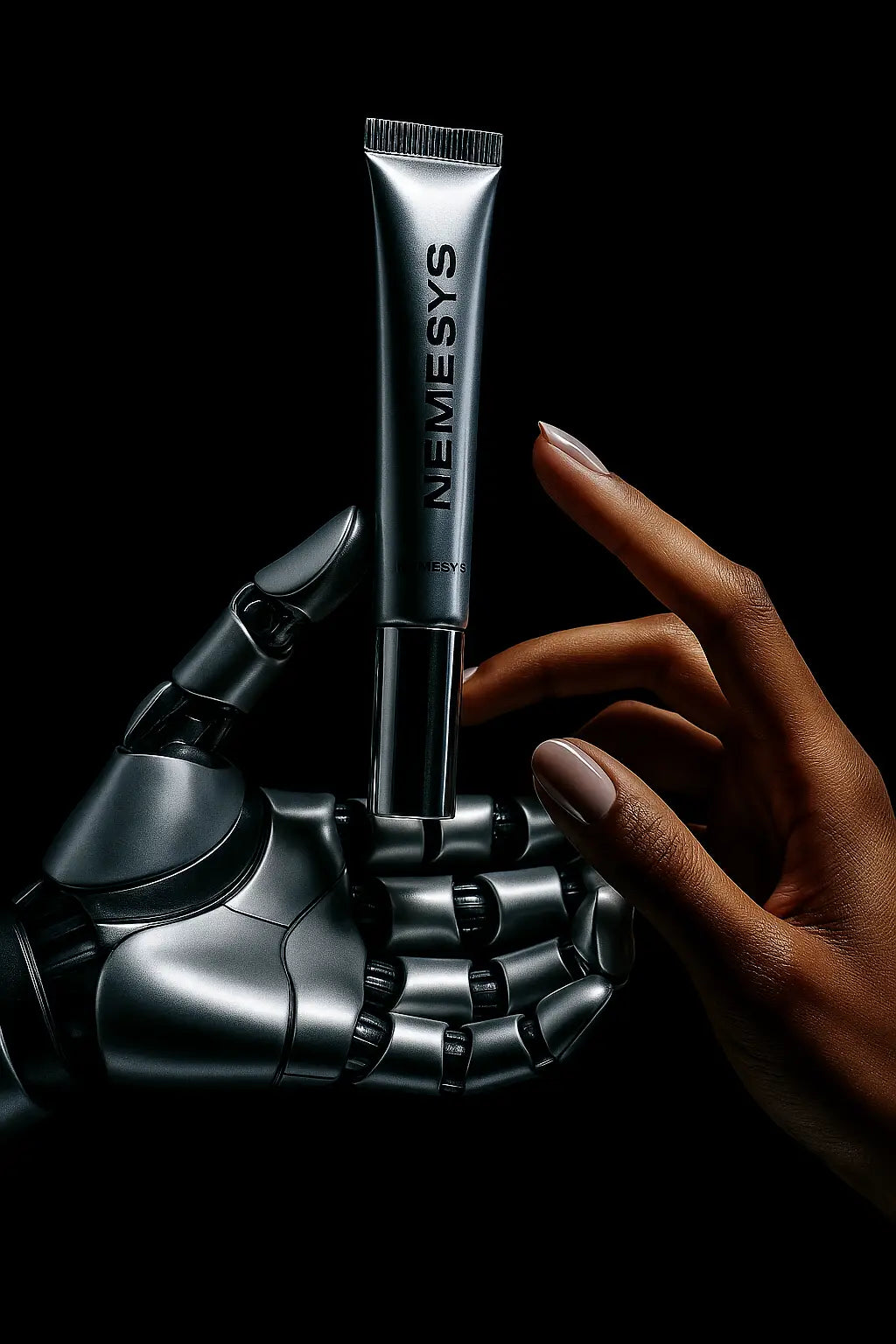 Gloss NEMESYS™ tenu par une main robotique chromée féminine et une main humaine foncée avec ongles manucurés — fond noir, lumière dramatique, tension bio-mécanique.