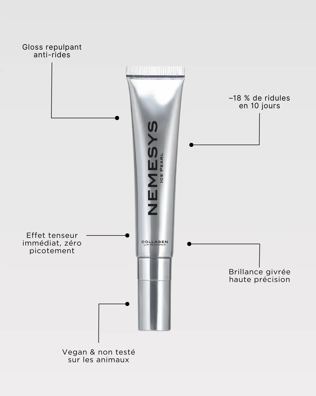 Tube NEMESYS Ice Pearl mettant en avant l’effet tenseur immédiat, zéro picotement et brillance glacée.