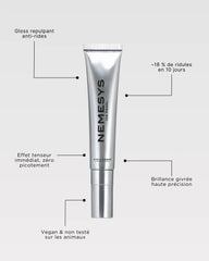 Tube NEMESYS Ice Pearl mettant en avant l’effet tenseur immédiat, zéro picotement et brillance glacée.