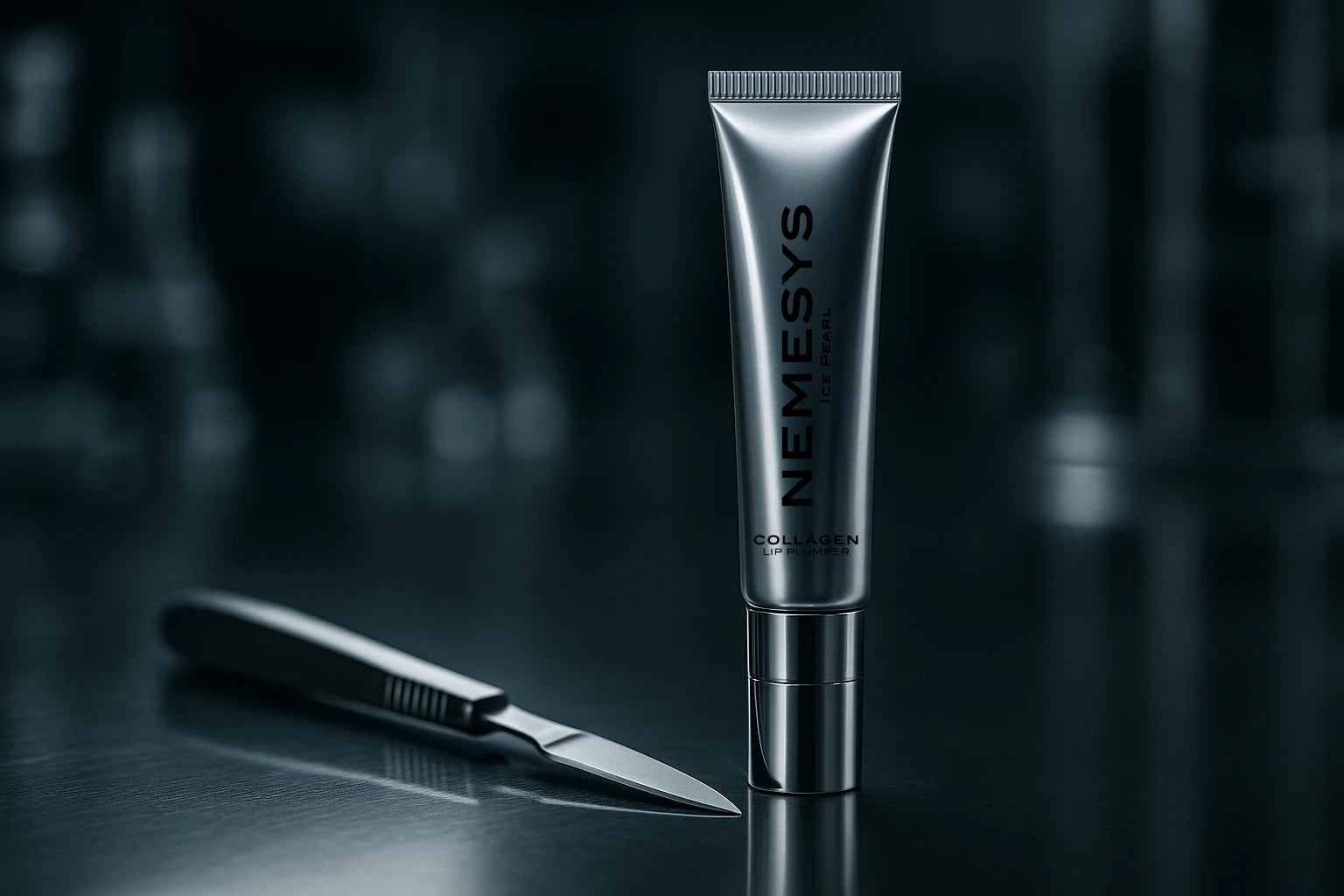 Tube de gloss repulpant au collagène NEMESYS Ice Pearl posé sur une table métallique, à côté d’un scalpel, dans un environnement stérile et technologique évoquant l'alternative cosmétique non invasive à la chirurgie.