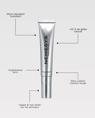 Tube NEMESYS Ocean Bloom mettant en avant ses bénéfices : +22% de galbe, hydratation 24h, zéro collant.