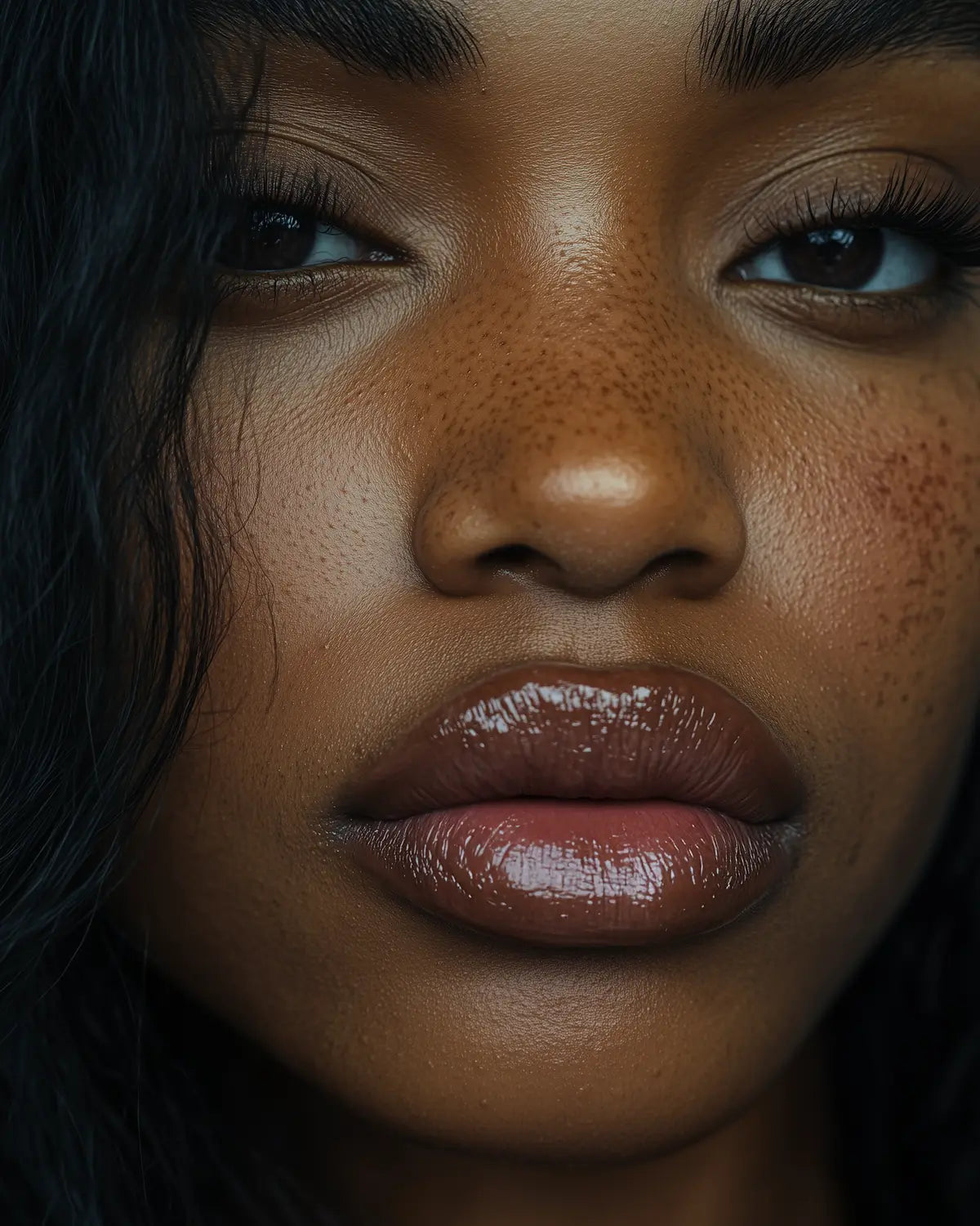 Gros plan lèvres glossées et pulpeuses avec NEMESYS Volcano Kiss, résultat naturel et lumineux.