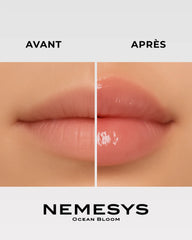Comparatif lèvres avant et après application du gloss NEMESYS Ocean Bloom, galbe naturel et brillance.