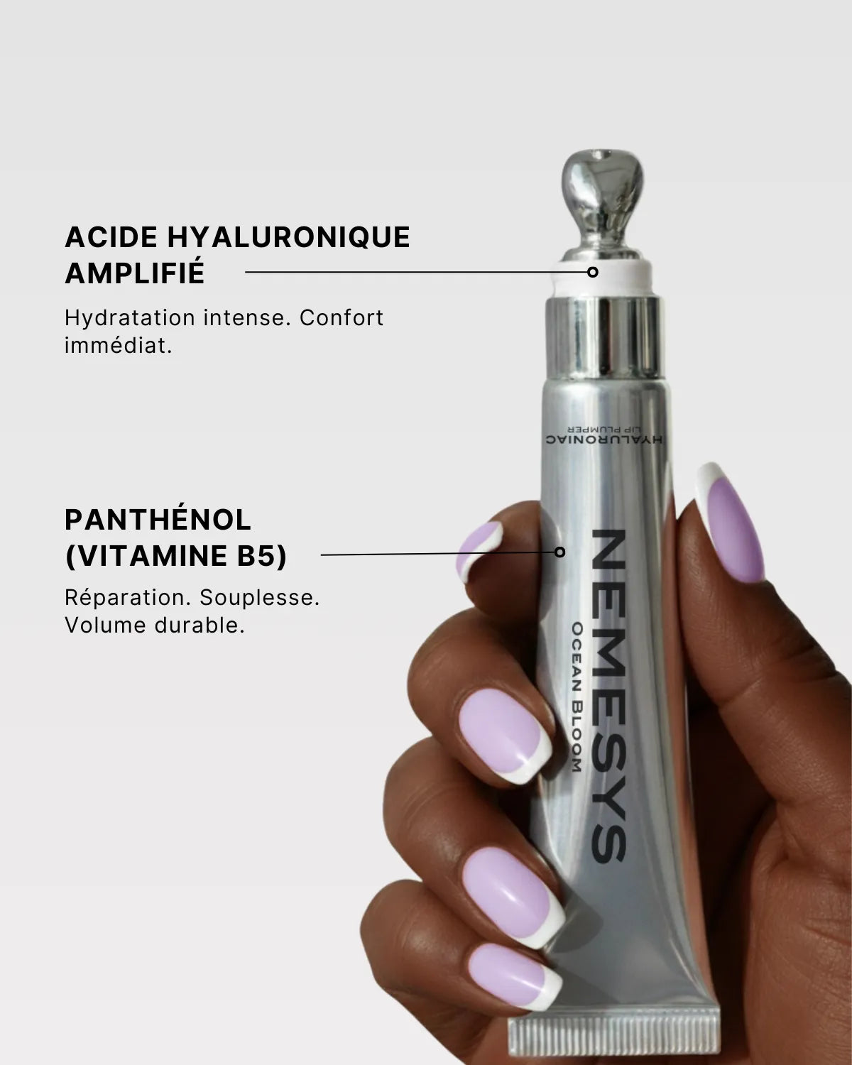 Tube NEMESYS Ocean Bloom soulignant l’acide hyaluronique et le panthénol pour hydratation et réparation.