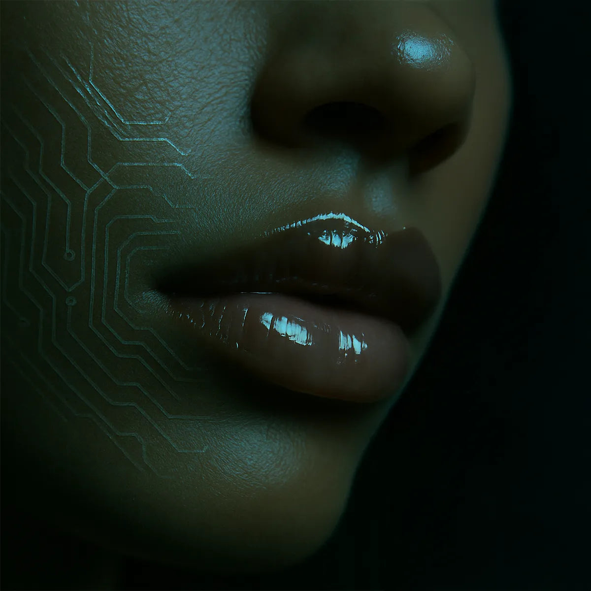Lèvres pulpeuses glossées NEMESYS™ — gros plan lèvres noires, brillance miroir, motif circuit imprimé sur peau, technologie cosmétique sensorielle