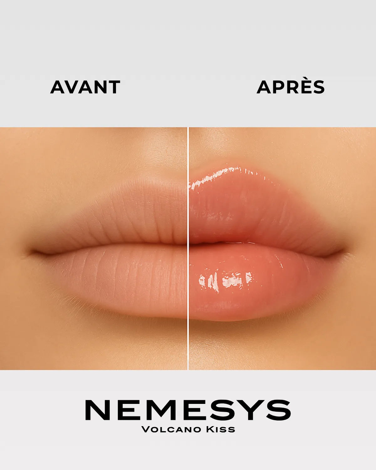 Comparatif lèvres avant et après application du gloss NEMESYS Volcano Kiss, effet repulpant immédiat.