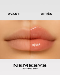 Comparatif lèvres avant et après application du gloss NEMESYS Volcano Kiss, effet repulpant immédiat.