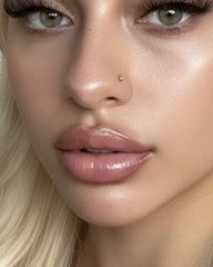 Femme blonde portant le gloss NEMESYS Volcano Kiss, lèvres repulpées effet injection.