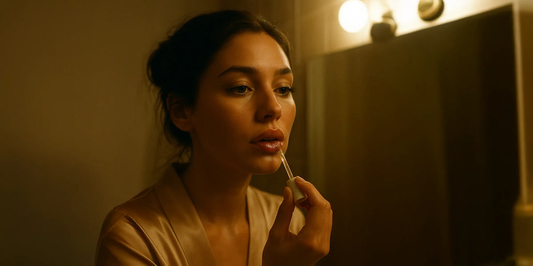 Femme appliquant un gloss repulpant transparent devant un miroir, lumière chaude, ambiance intime, premier plan sur les lèvres brillantes.