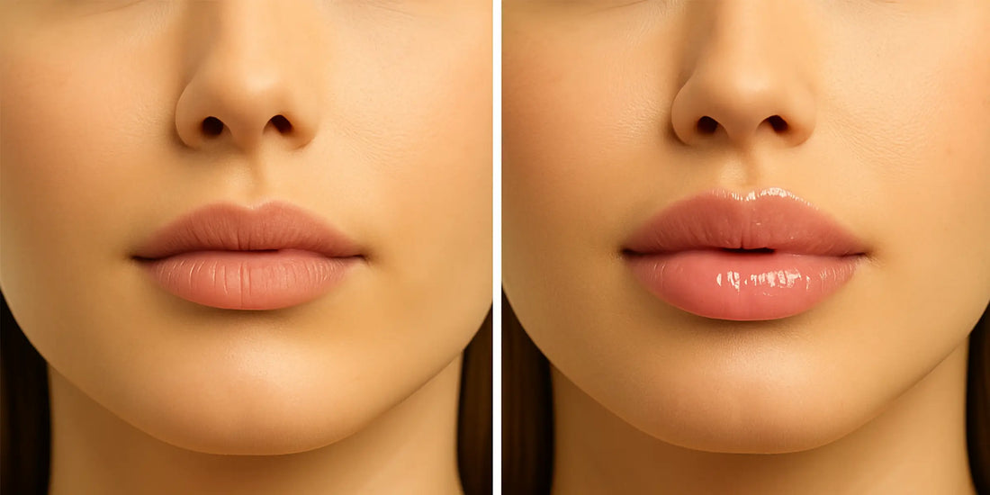 Avant et après application d’un gloss repulpant montrant l’augmentation du volume et la brillance des lèvres.