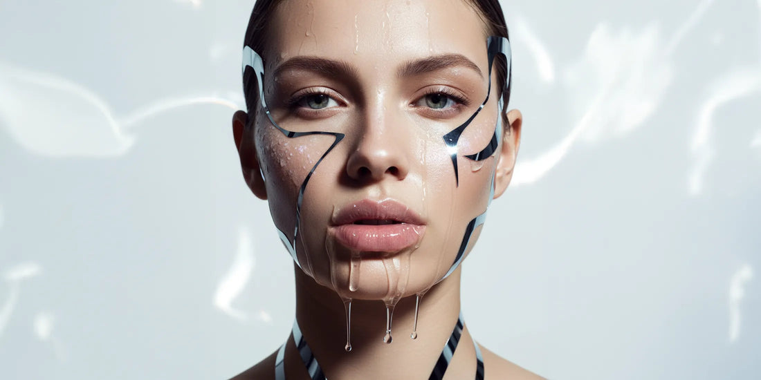 Portrait éditorial d’une femme avec des lèvres pulpeuses et brillantes, gloss transparent effet hydraté, ambiance arty luxe avec reflets liquides et textures métalliques.