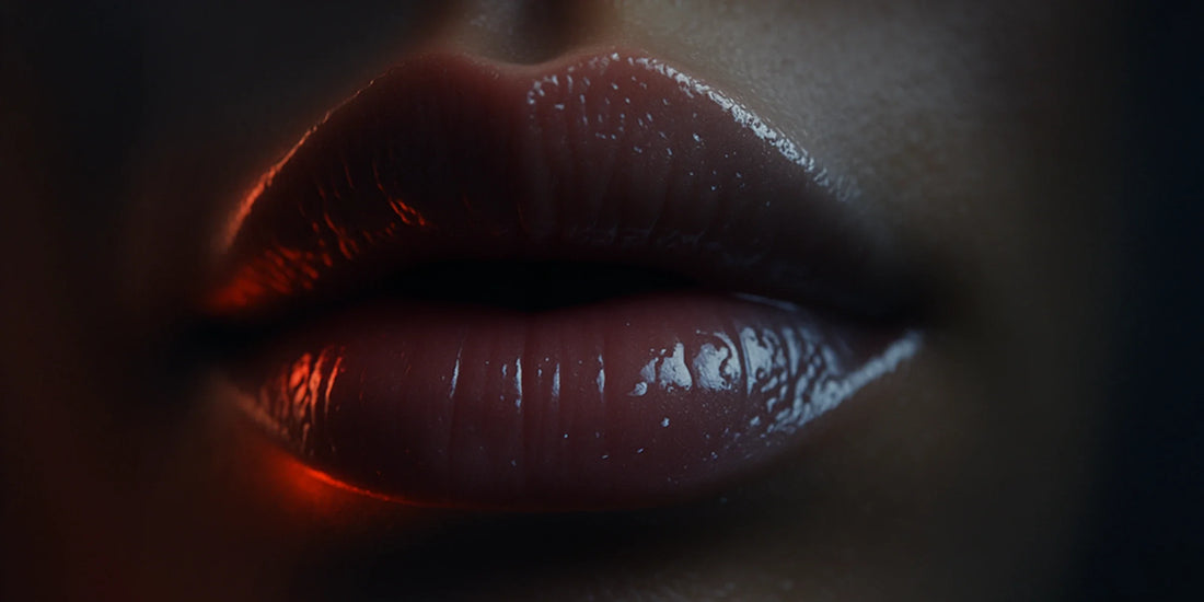 Close-up artistique lèvres gloss repulpant avec brillance, chaleur et hydratation.