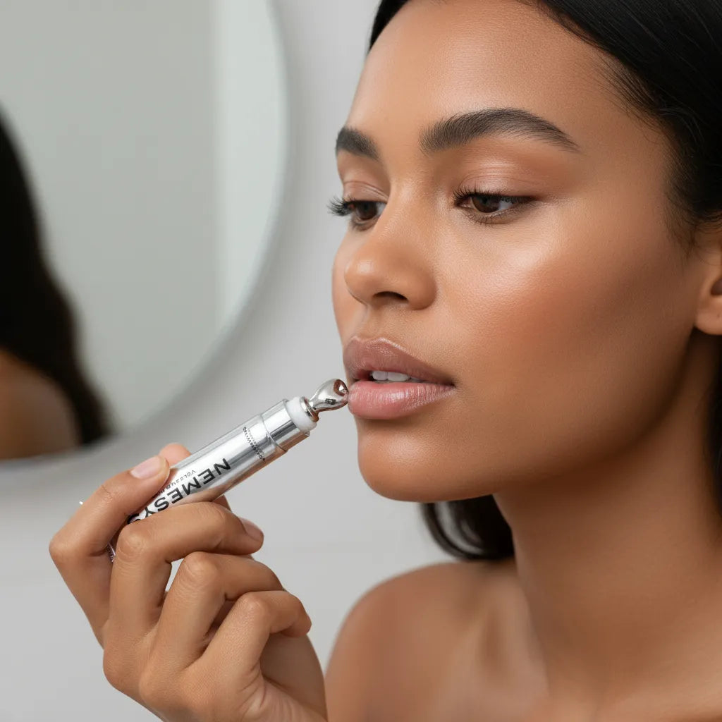 Femme appliquant le gloss repulpant Volcano Kiss de NEMESYS sur ses lèvres avec précision.