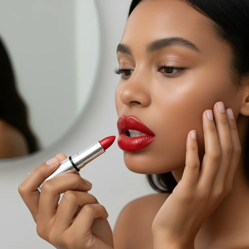 Femme appliquant un rouge à lèvres rouge intense par-dessus la base repulpante Volcano Kiss de NEMESYS.