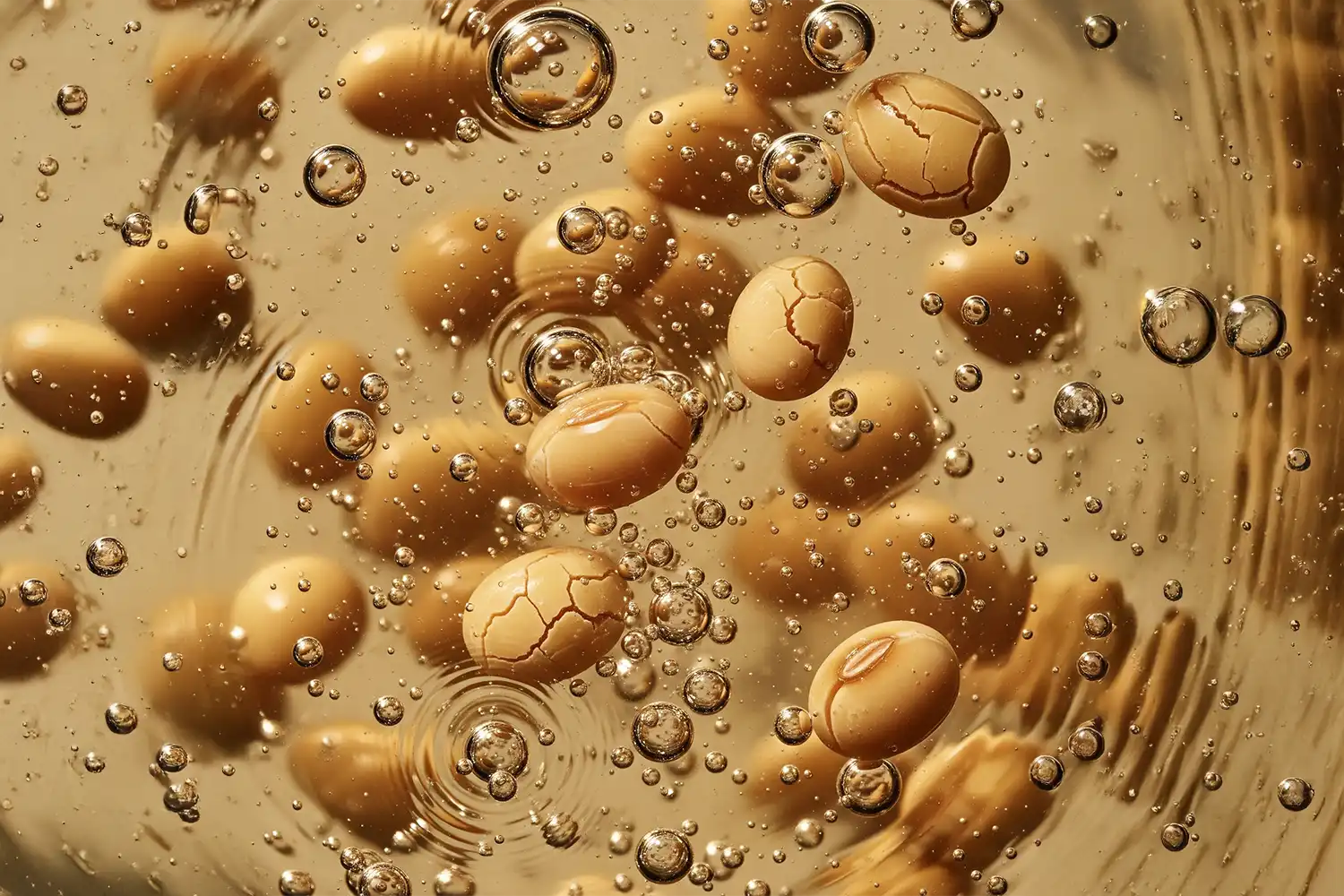 Graines de soja dorées immergées en macro liquide, symbolisant l’extrait de soja nourrissant et réparateur.
