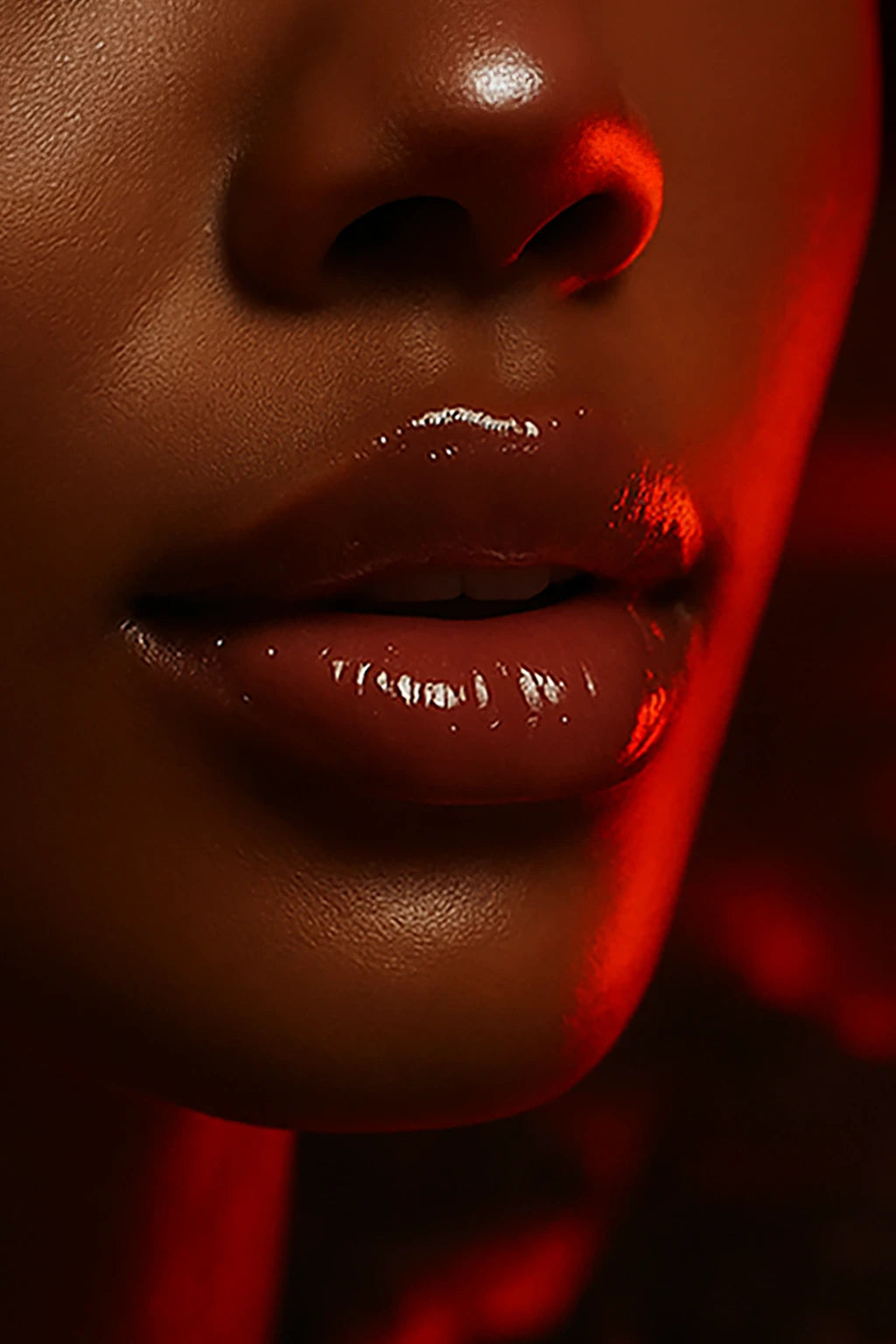 Gros plan de lèvres pulpeuses sous lumière rouge intense, brillance miroir naturelle, effet volumateur immédiat du gloss repulpant NEMESYS Volcano Kiss — peau hydratée, tension contenue, ambiance sensorielle et brûlante.