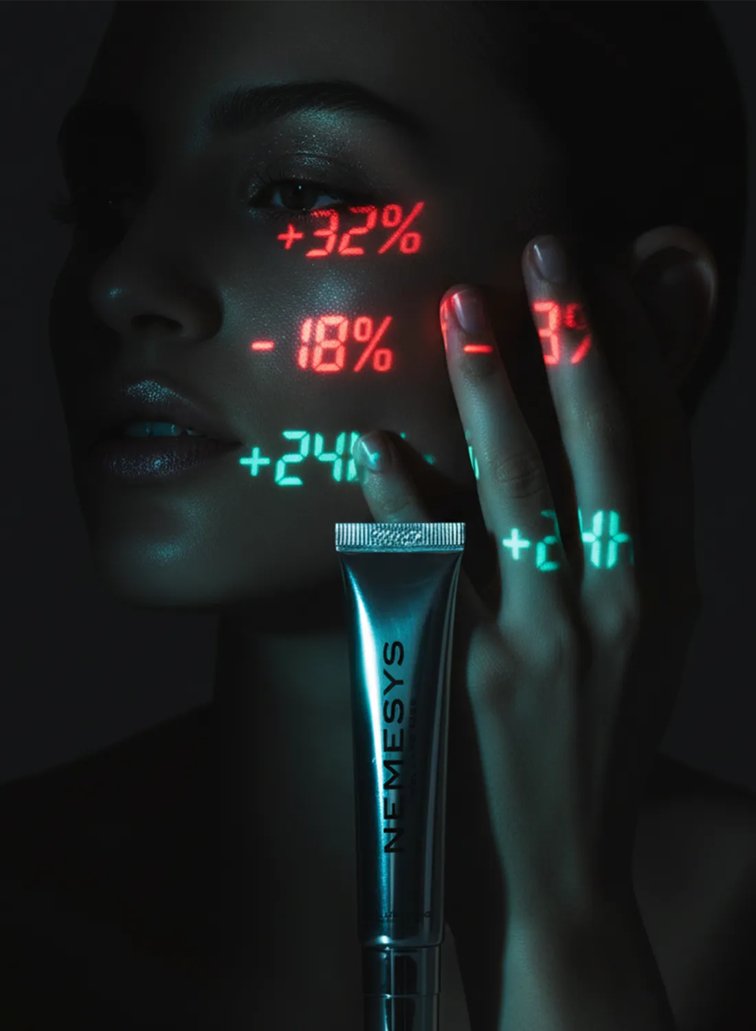 Chiffres d’efficacité projetés sur un visage (+32 %, -18 %, +24h) avec un tube de gloss repulpant NEMESYS en avant-plan, visuel scientifique et sensoriel.