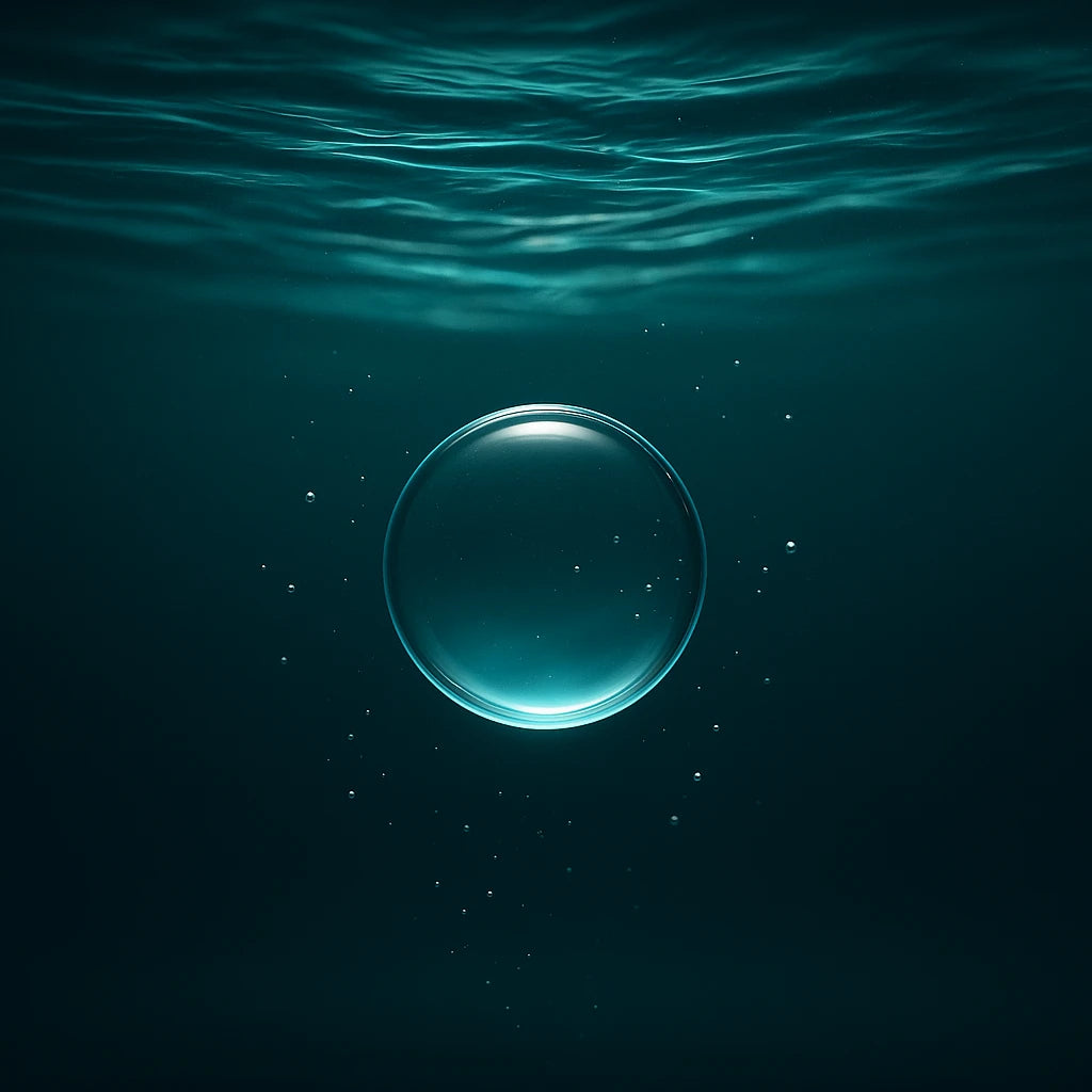 Capsule de Niacinamide sous l’eau évoquant l’effet repulpant et hydratant du gloss Ocean Bloom™ NEMESYS™, barrière aquatique, soin lèvres profond.