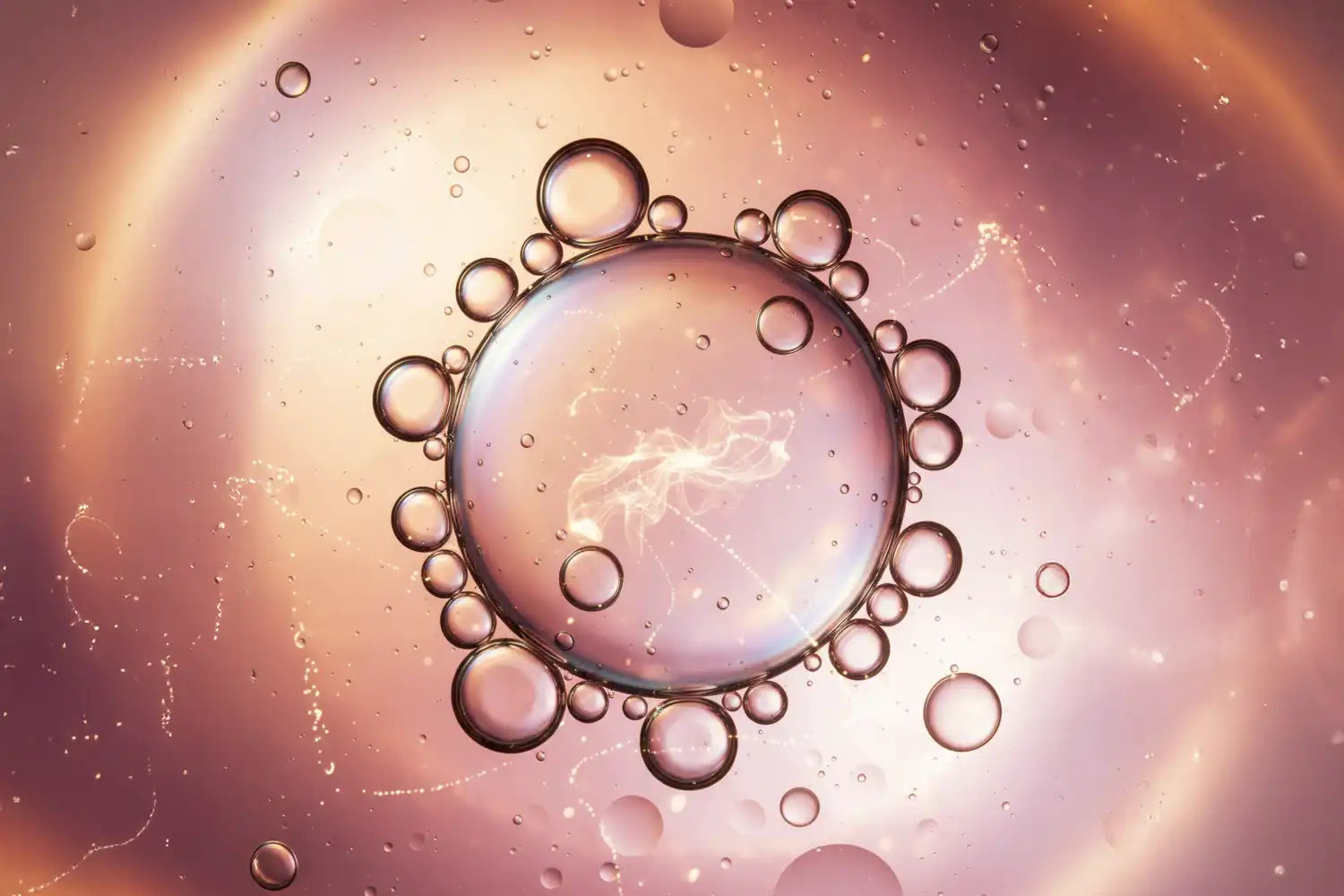 Gel en macro vue scientifique, bulles fines flottant, représentant le peptide biomimétique Palmitoyl Tripeptide-5.