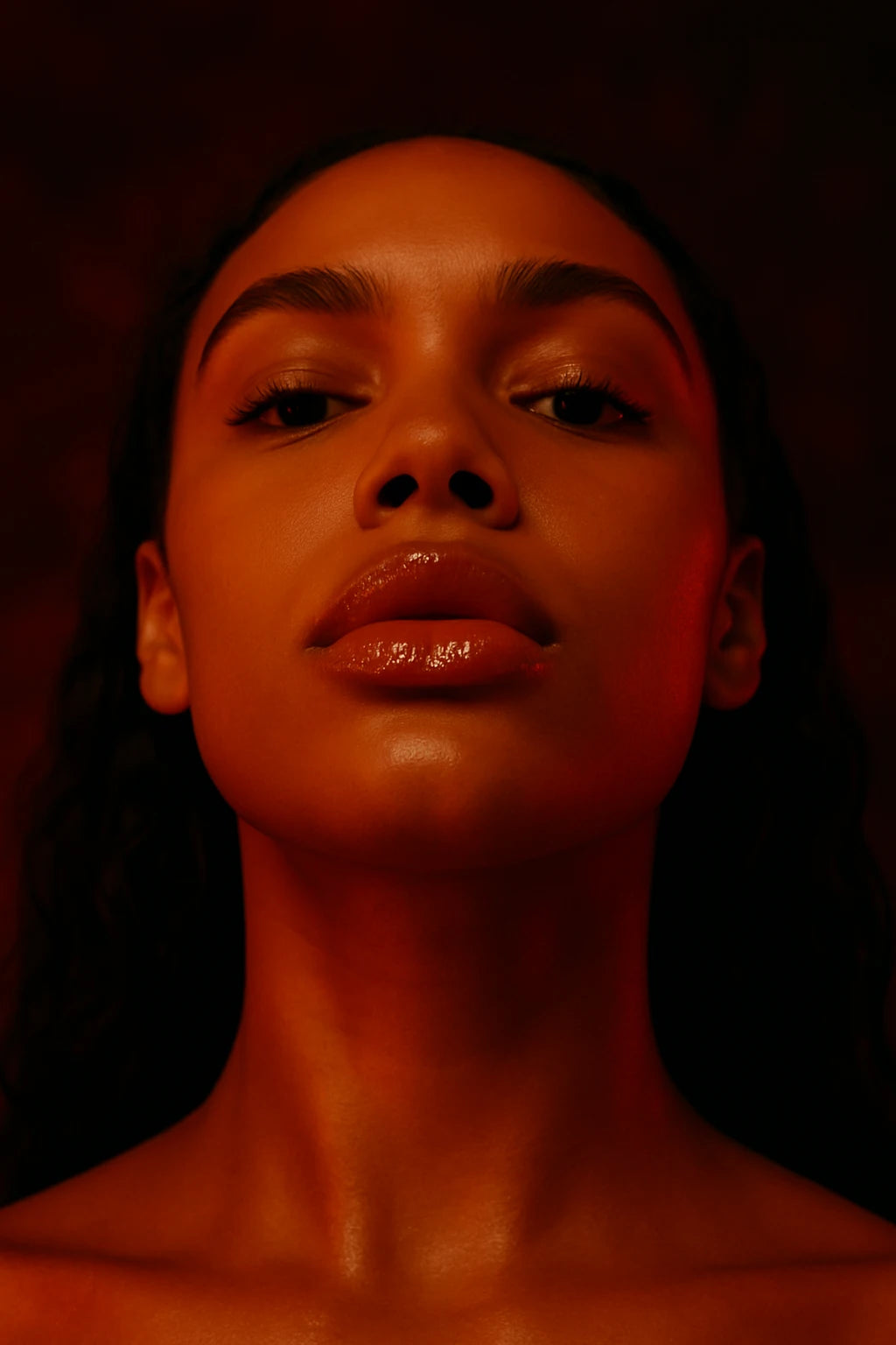 Femme au regard souverain avec lèvres pulpeuses glossées, lumière rouge intense, effet gloss repulpant NEMESYS Volcano Kiss