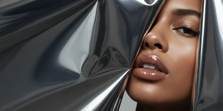 Bannière NEMESYS avec une femme aux lèvres pulpeuses, hydratées et brillantes grâce à un gloss transparent, style éditorial futuriste avec reflets métalliques.