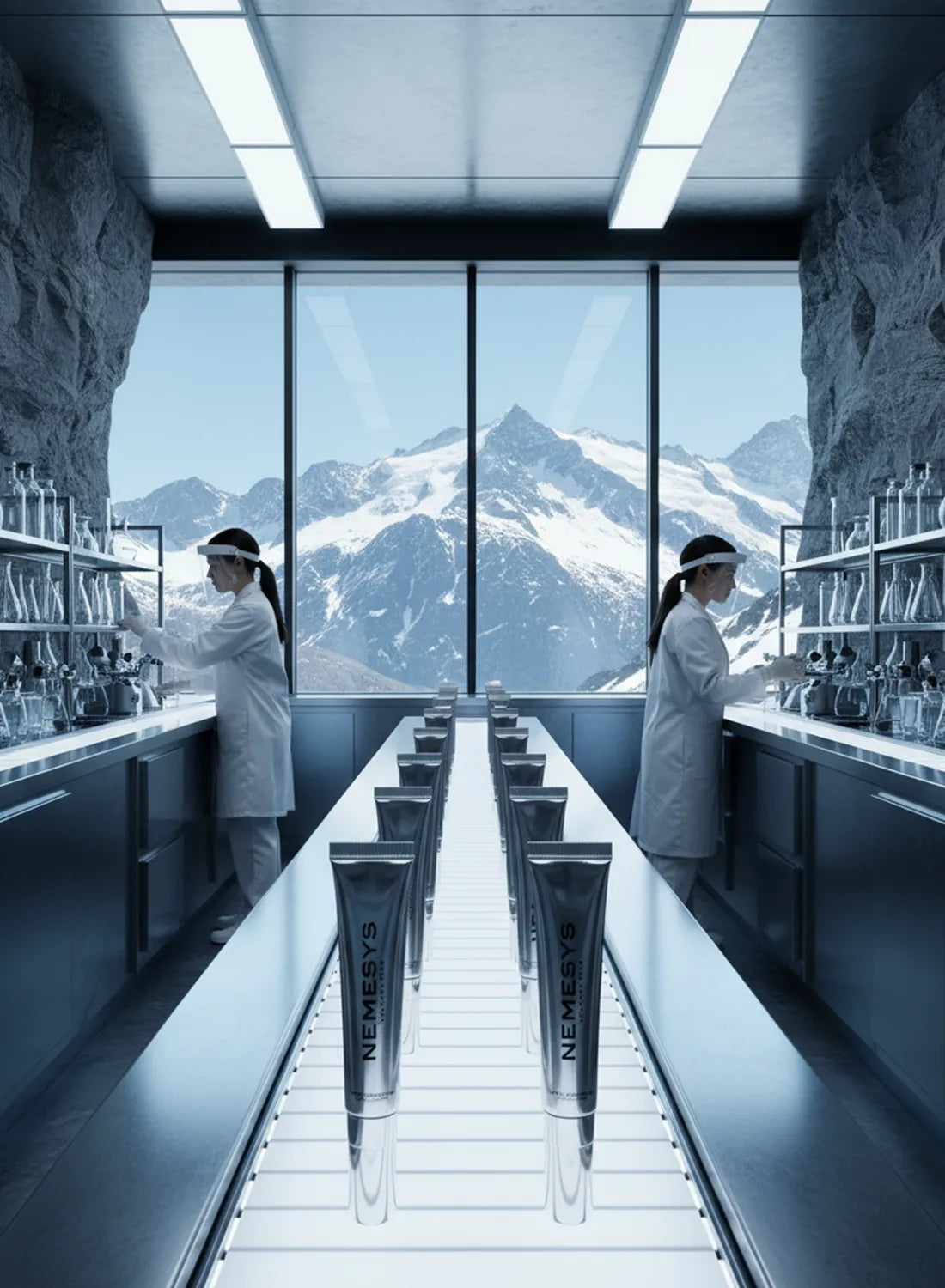 Laboratoire high-tech creusé dans la roche avec vue sur les Alpes, production du gloss repulpant NEMESYS formulé en Suisse et fabriqué avec précision.