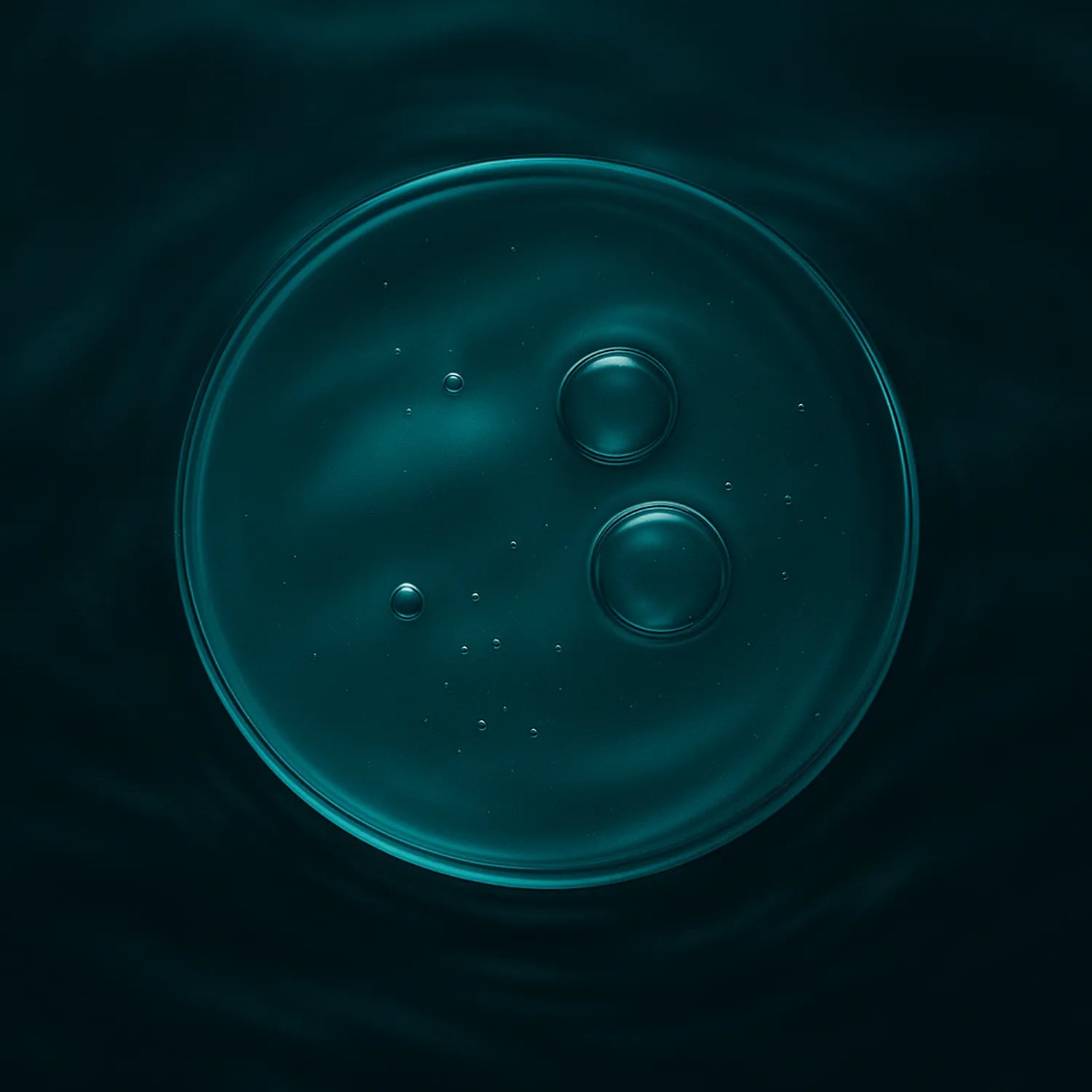 Gouttes turquoise flottant dans un liquide biomimétique stylisé, illustrant l’action hydratante profonde de l’acide hyaluronique dans le gloss Ocean Bloom de NEMESYS