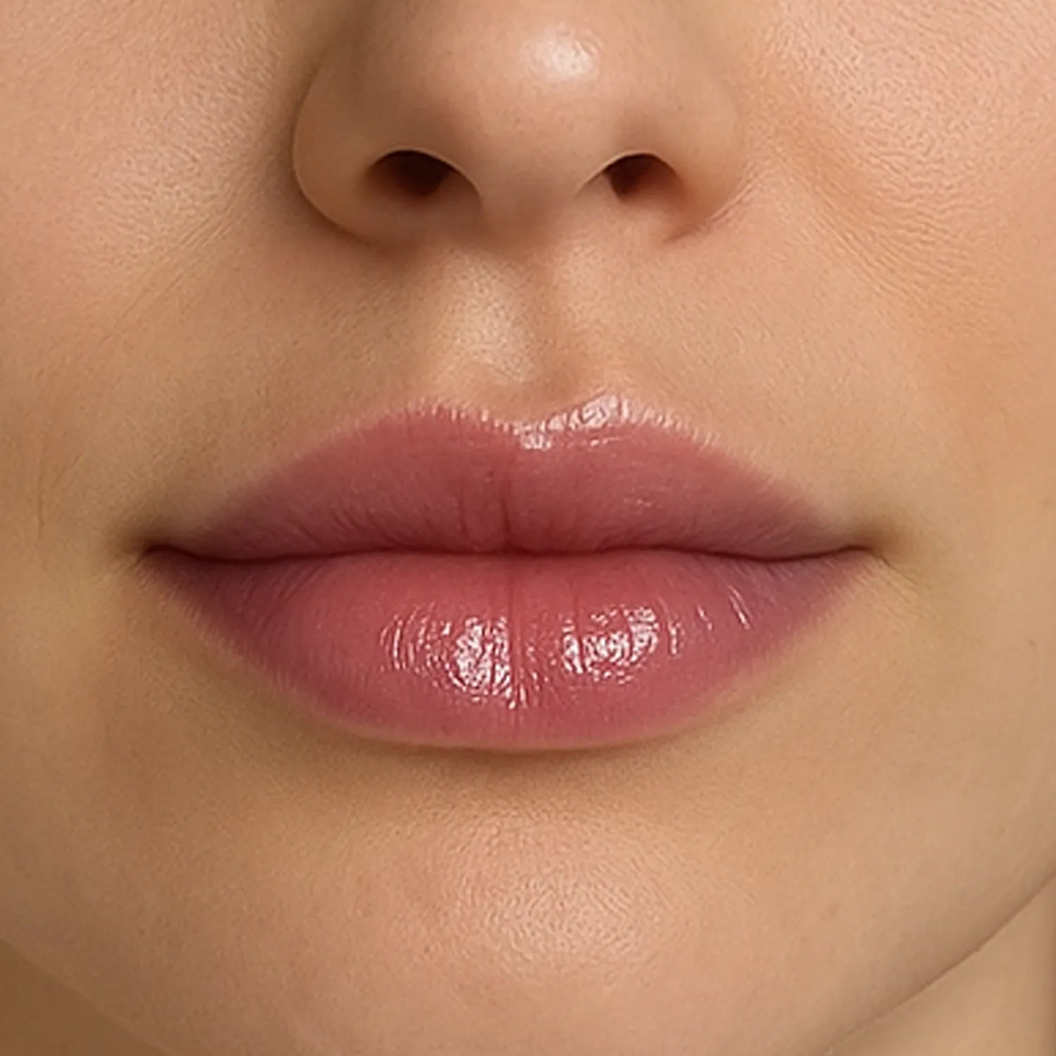 Résultat après application du gloss Ocean Bloom de NEMESYS : lèvres lissées, galbe visible, brillance fluide sans surcharge.