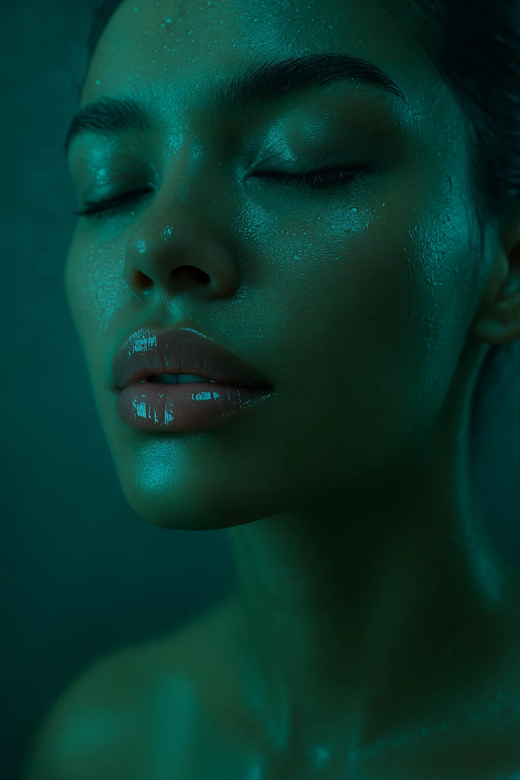 Portrait d’une femme aux lèvres glossées, peau humide et yeux fermés, incarnant l’effet sensoriel profond, la lumière saturée et la brillance maîtrisée du gloss Ocean Bloom de NEMESYS.