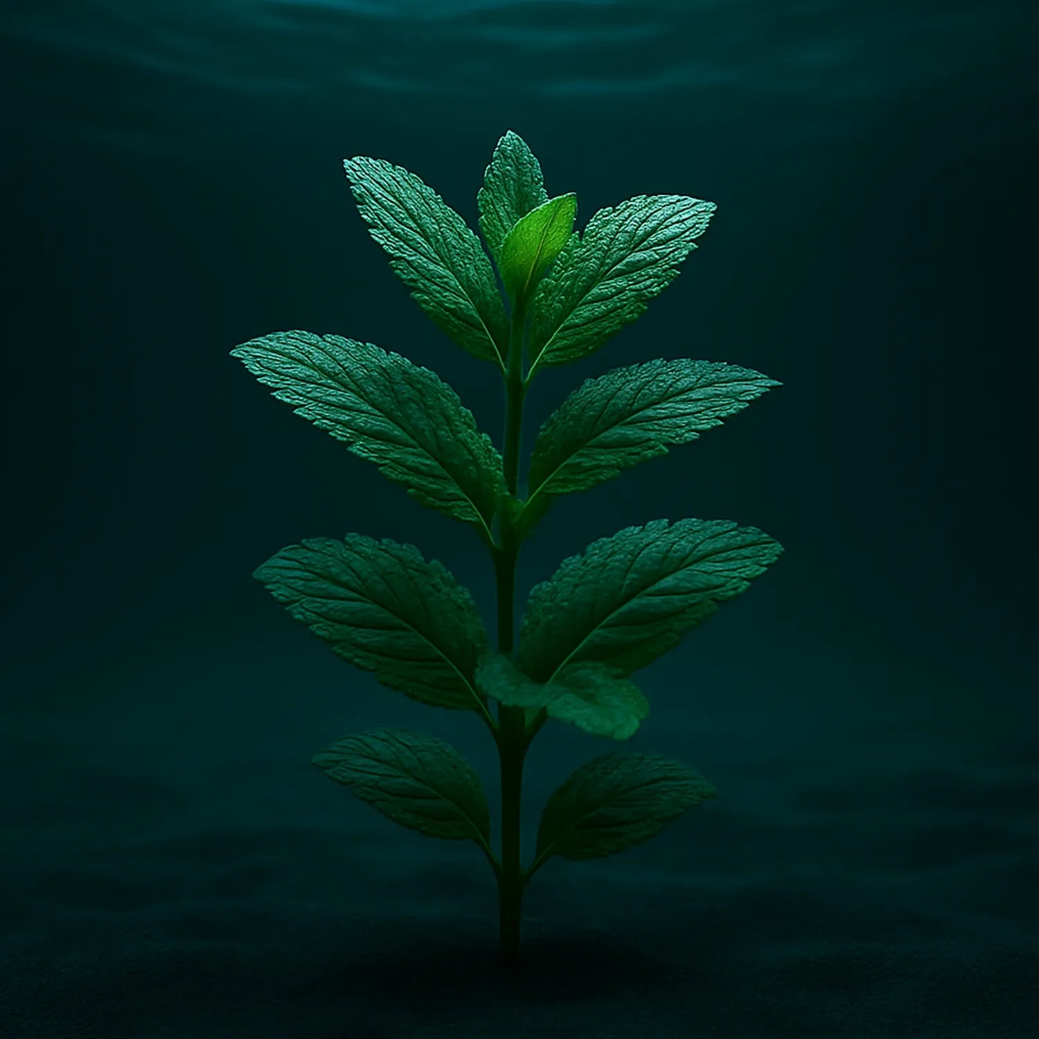 Feuille de menthe poivrée stylisée en pleine lumière froide, symbolisant la fraîcheur contrôlée et l’activation douce de la microcirculation par le gloss Ocean Bloom de NEMESYS