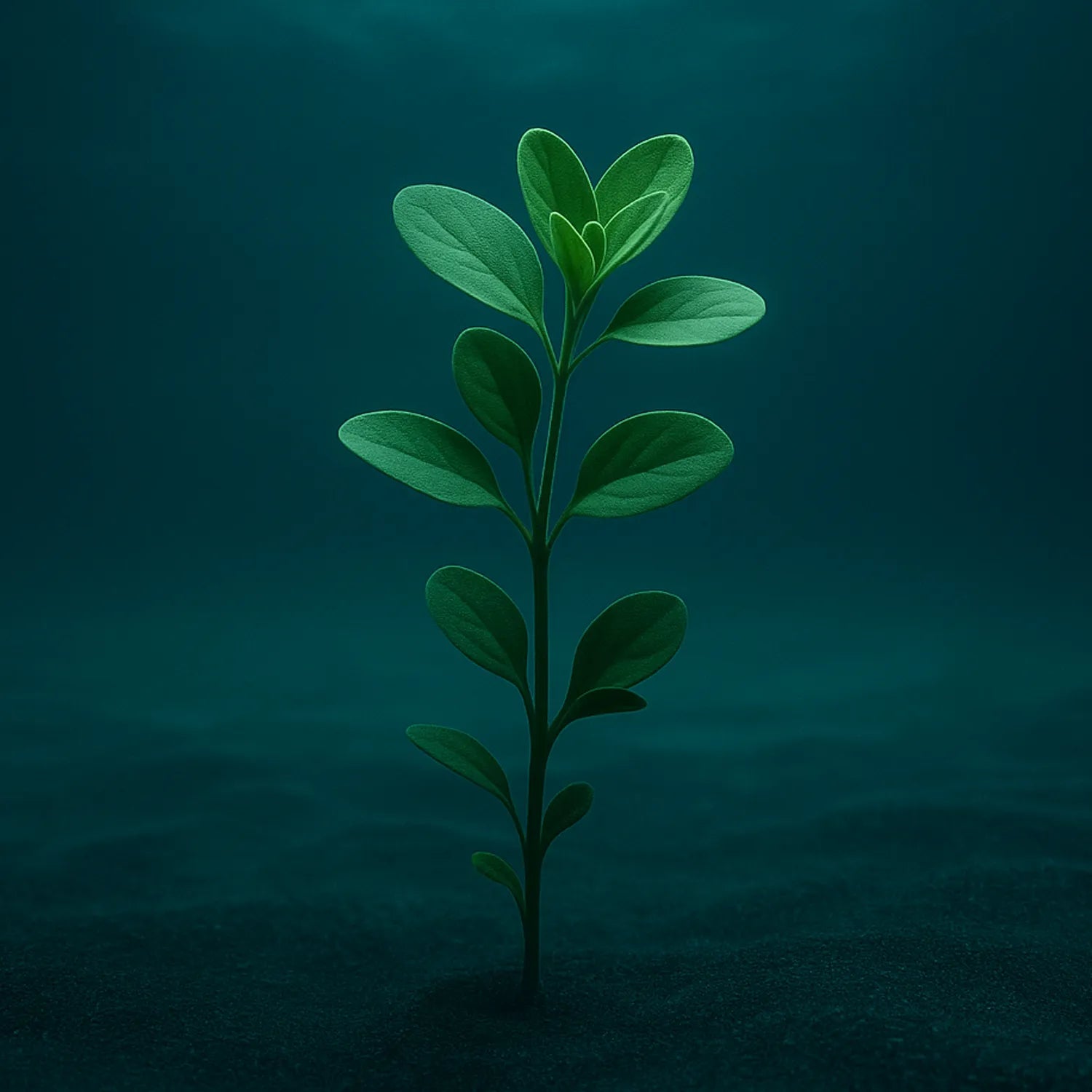 Plante de pourpier stylisée émergeant d’un sol aquatique sombre, illustrant la résilience adaptogène et l’effet apaisant profond du gloss Ocean Bloom de NEMESYS.