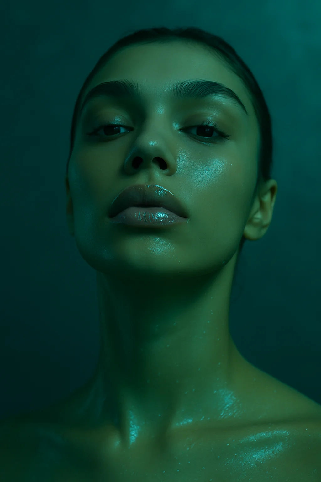 Portrait d’une femme au regard intense, lèvres glossées et peau humide, illustrant la montée sensorielle et l’effet hydratant profond du gloss Ocean Bloom de NEMESYS.