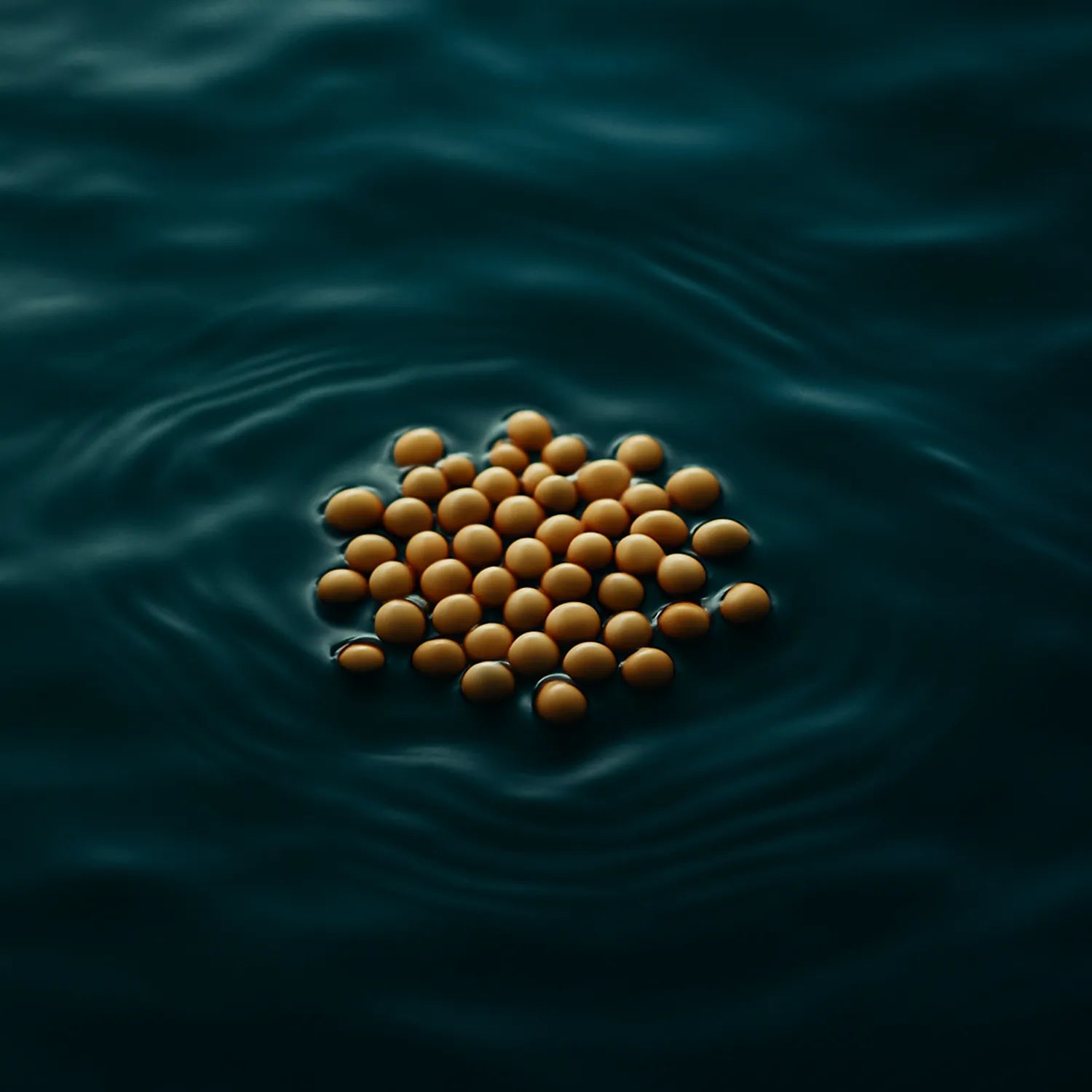 Graines de soja flottant sur une surface fluide sombre, représentant la richesse en acides gras essentiels et le pouvoir réparateur du soja dans la formule du gloss Ocean Bloom de NEMESYS™.