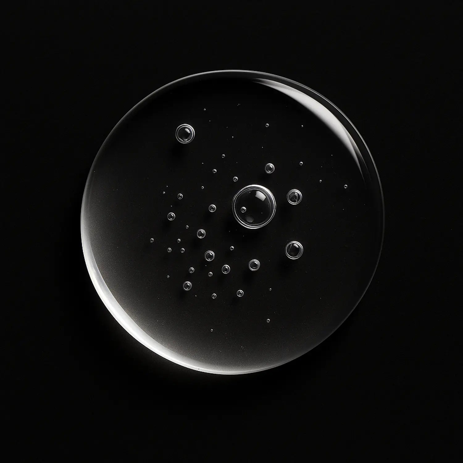 Goutte biomimétique d’acide hyaluronique vue du dessus, parfaitement transparente, posée sur fond noir mat, bulles internes visibles, structure dense et pure — lumière blanche rasante, évoquant une hydratation ciblée, prolongée et structurante — effet volume sans surcharge.
