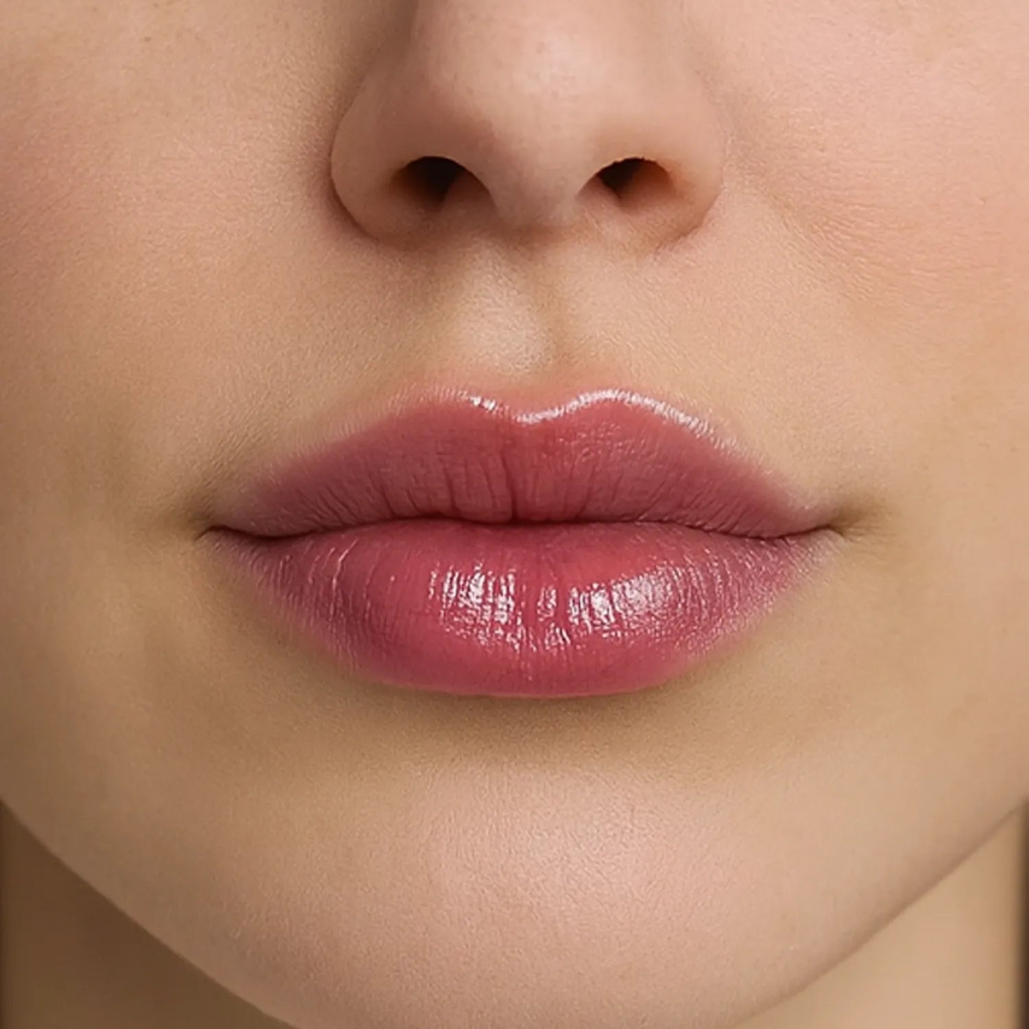 Gros plan sur des lèvres après application du gloss Volcano Kiss de NEMESYS — effet repulpant immédiat, brillance miroir, galbe intense et texture lisse.