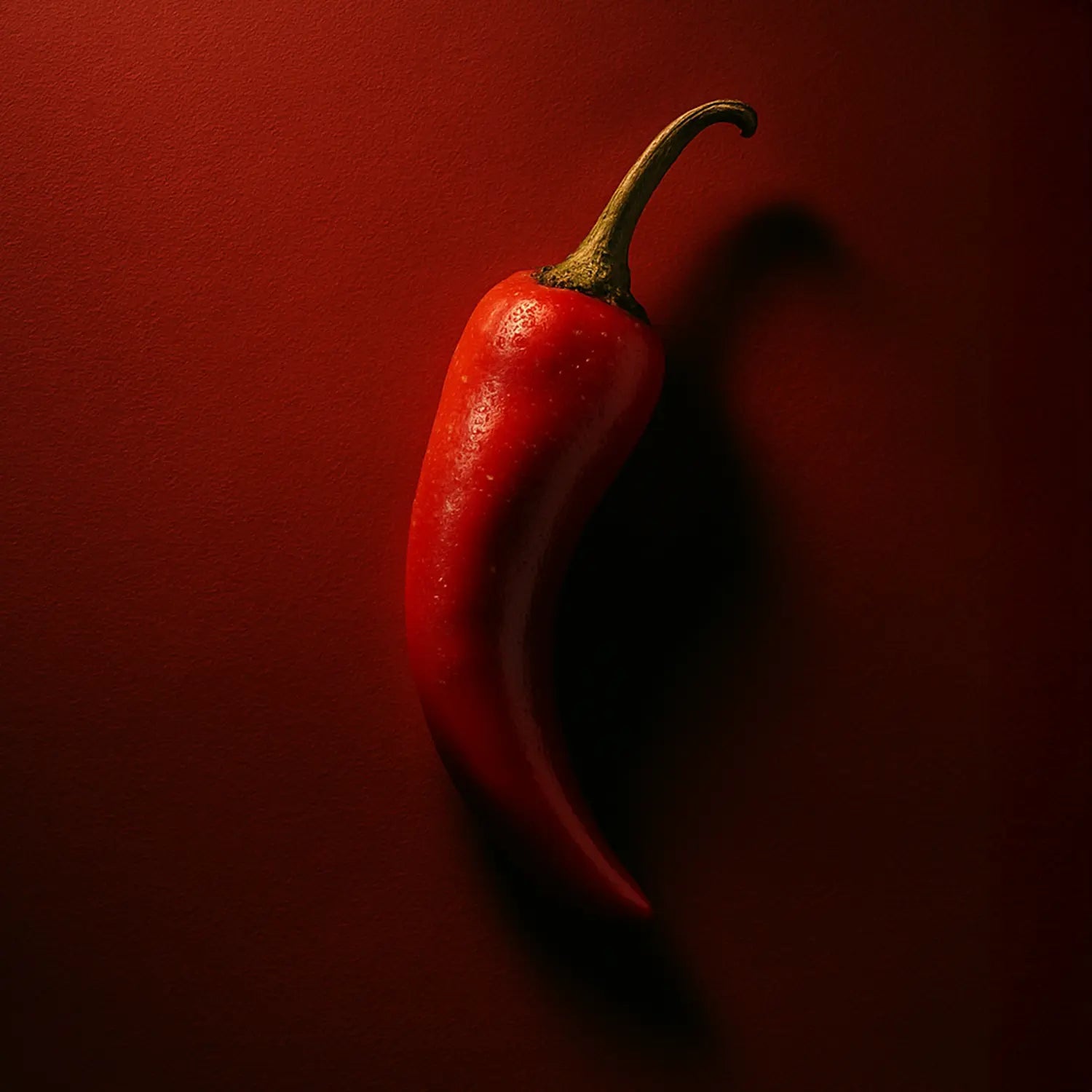 Piment rouge entier vu du dessus sur fond mat rouge foncé, sous une lumière rasante, évoquant l’effet microcirculatoire du Capsicum Annuum dans le gloss NEMESYS™ Volcano Kiss — tension contenue, chaleur ciblée, activation volumatrice.