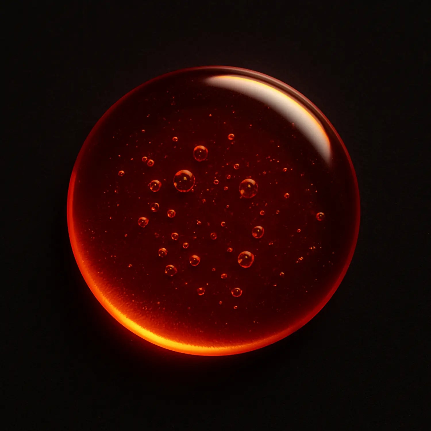 Goutte aplatie de glycérine végétale posée sur fond noir mat, texture dense et transparente, bulles internes visibles, lumière rasante rouge chaude, évoquant un effet barrière invisible et une protection cutanée stratégique — signature NEMESYS™.