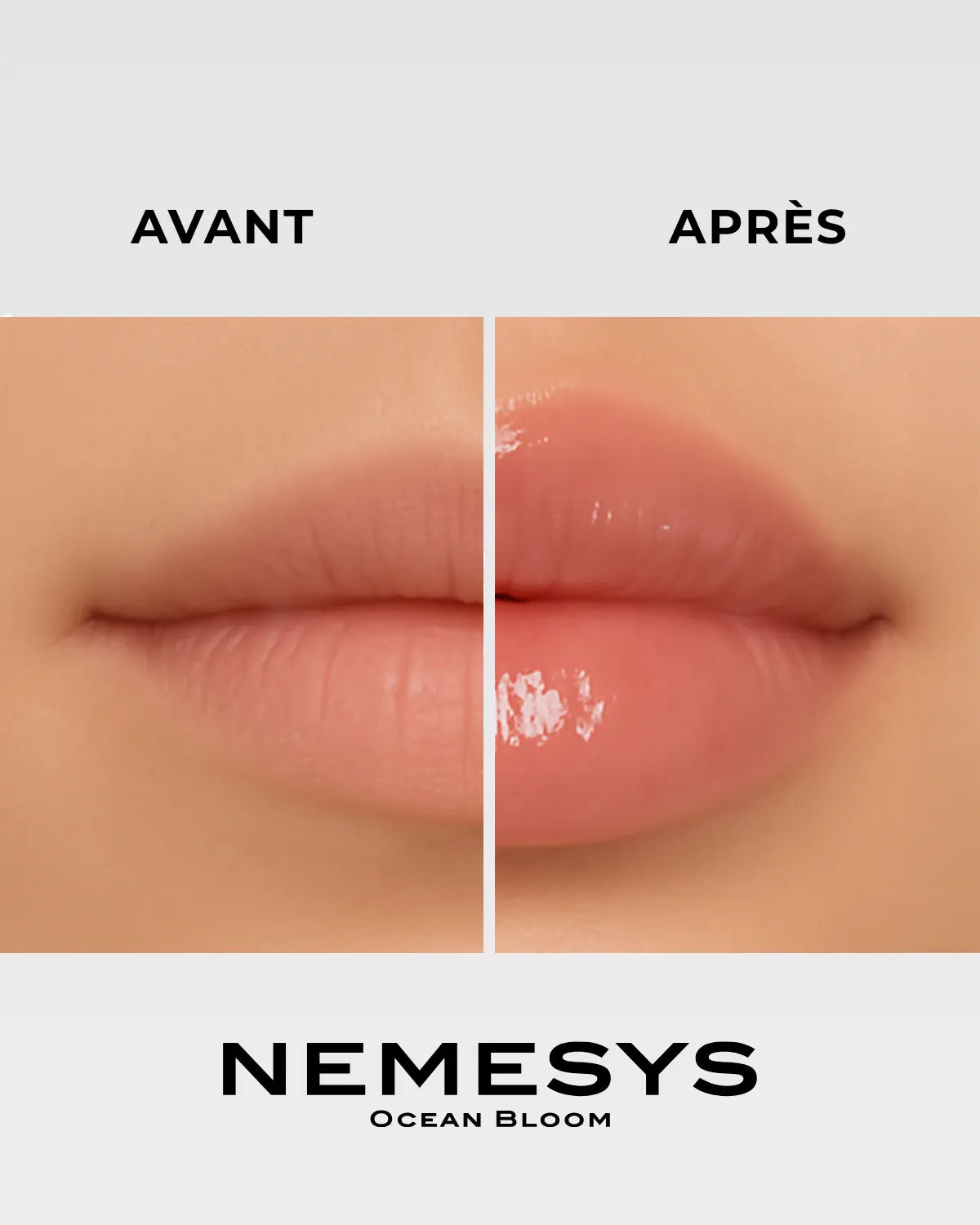 Comparatif lèvres avant et après application du gloss NEMESYS Ocean Bloom, galbe naturel et brillance.