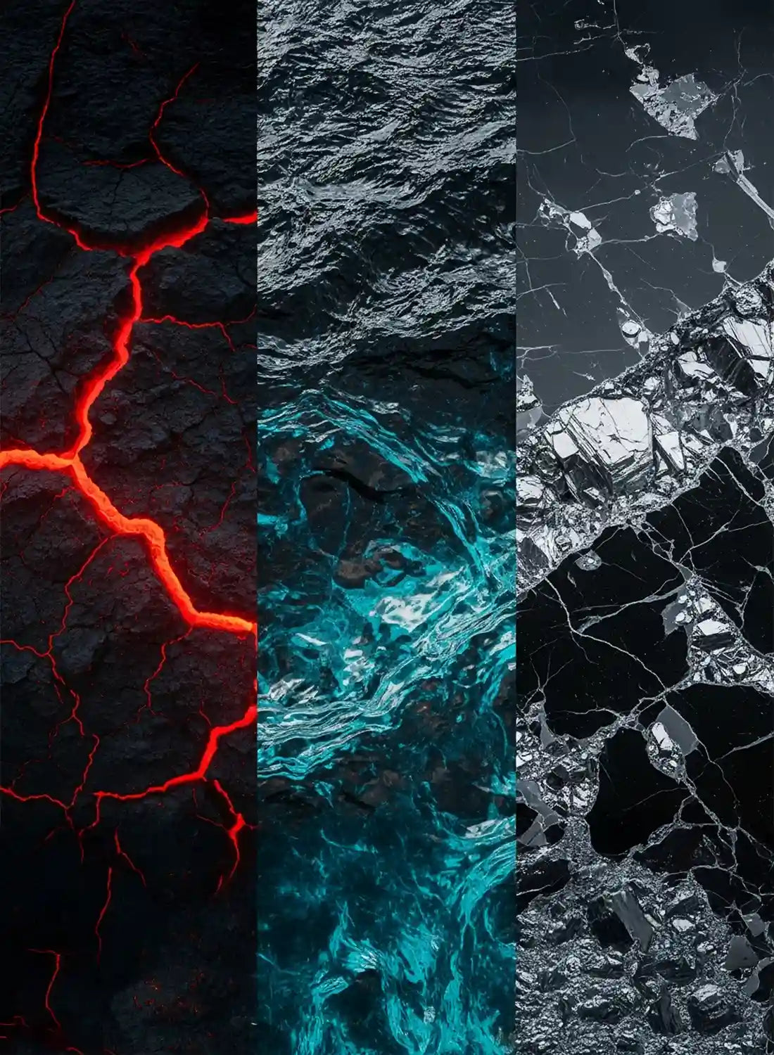 Triptyque minéral : fissures rouges incandescentes, reflets turquoise liquides, éclats argentés lissants.