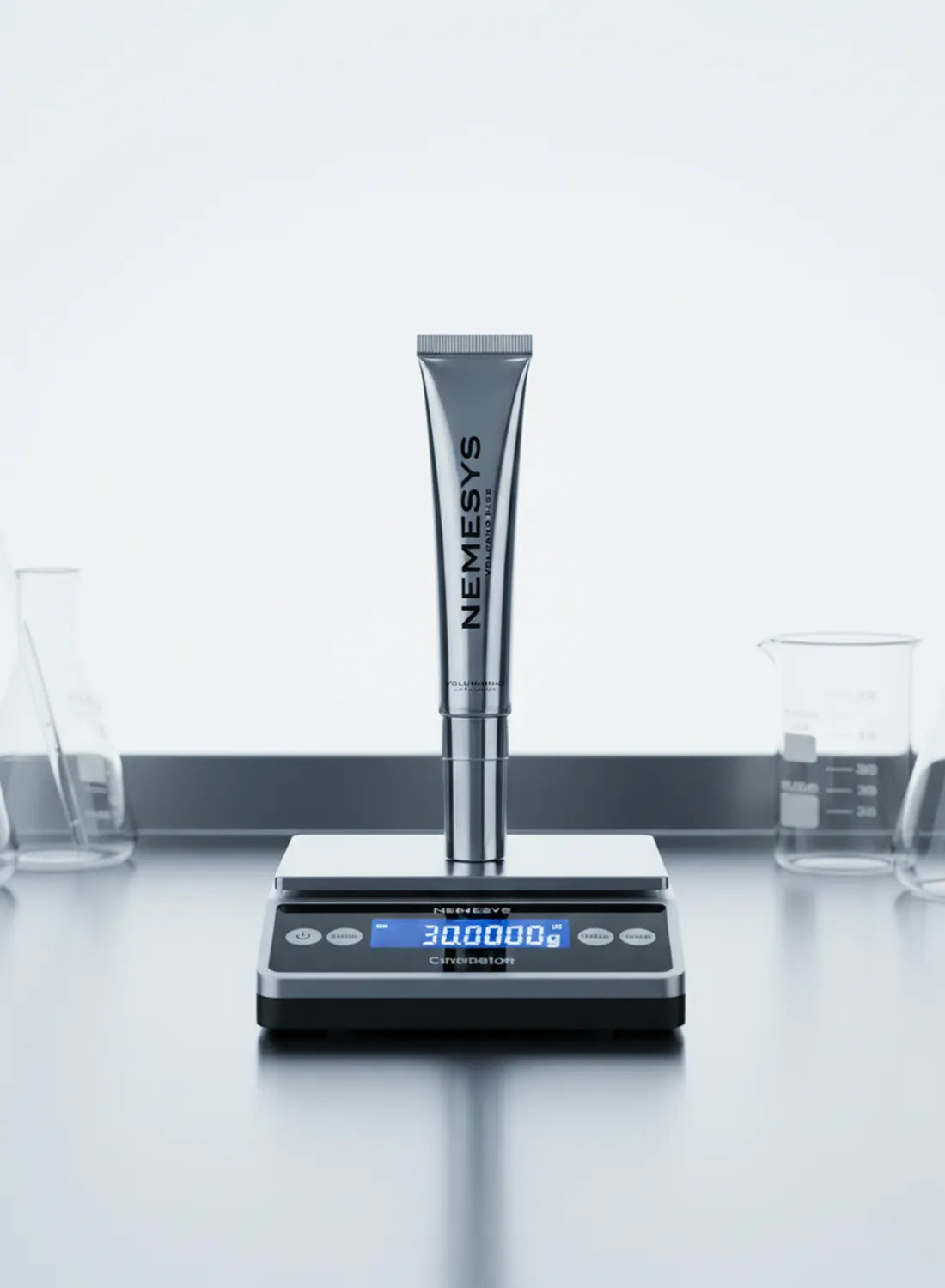 Tube de gloss repulpant NEMESYS posé sur une balance de précision en laboratoire, symbole d’exactitude scientifique et d’engagement sans surpromesses.